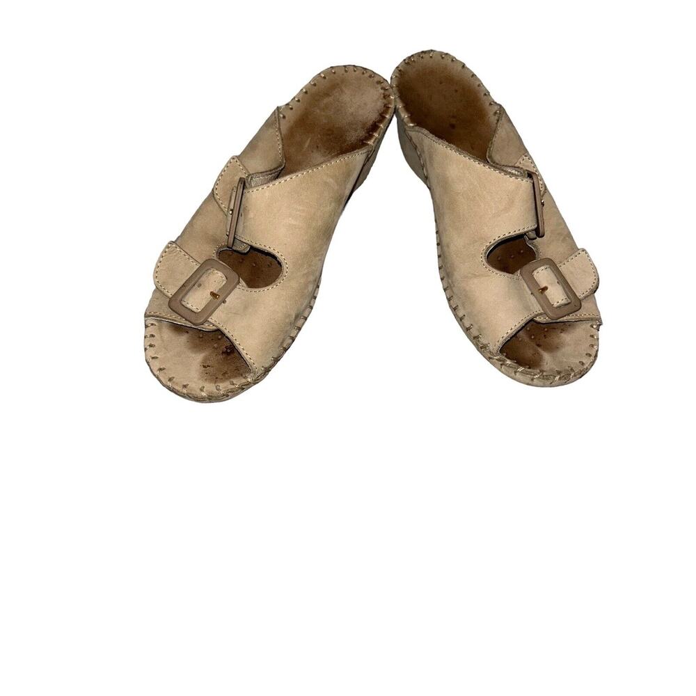 LA PLUME LADIES SANDALS 38‎ BEIGE TAN 2 STRAP LEATHER SLIP ONS